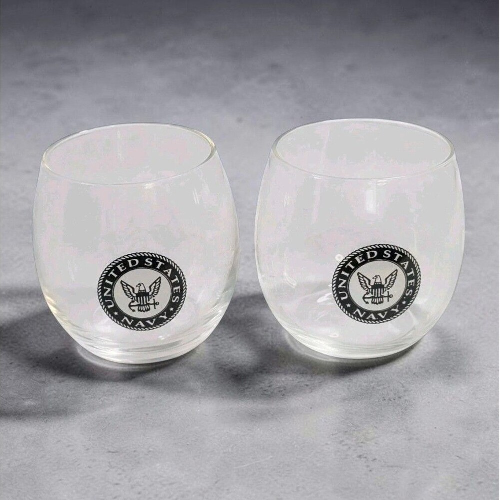 2 US Navy Lowball Whiskey Glasses Stemless Rocks Military Veteran Bar Gift Vet